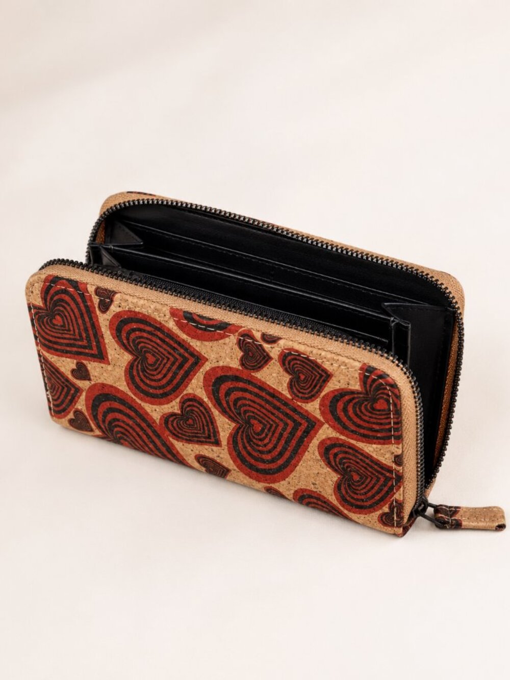 Cork Zip Around Wallet Red Black Heart Pattern